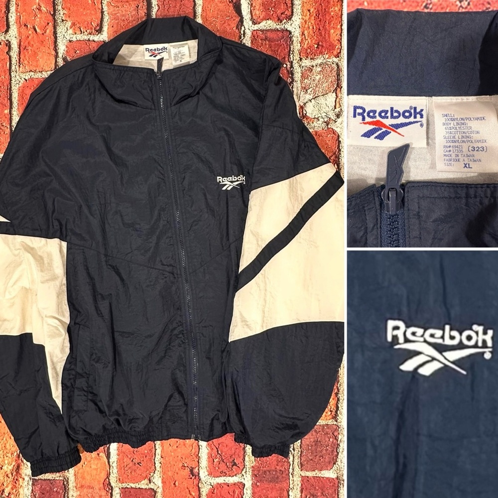 REEBOK VINTAGE WINDBREAKER JACKET XL NAVY BLUE WHITE COLORBLOCK Y2K FULL ZIP 90s